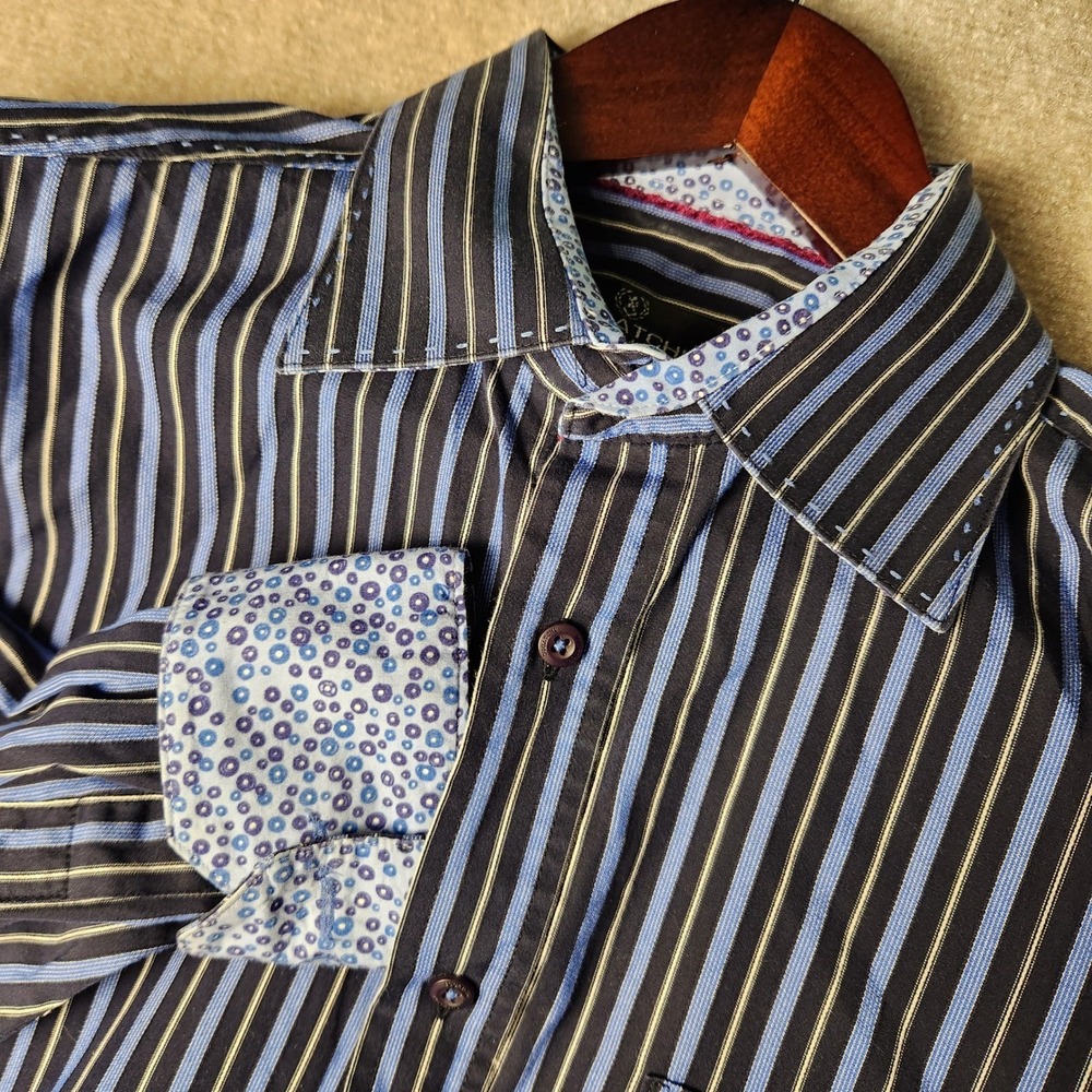 Bugatchi Uomo Button Up Shirt Mens Large Navy Blue Striped Long Sleeve Contrast